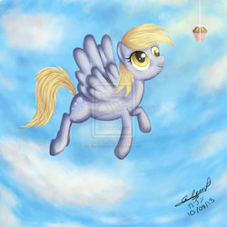 Size: 1024x1024 | Tagged: safe, artist:aurareeze, derpy hooves, pegasus, pony, g4, female, flying, mare, muffin, solo