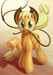 Size: 1500x2122 | Tagged: safe, artist:dahtamnay, applejack, g4, female, lasso, looking at you, mouth hold, solo, underhoof