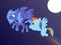 Size: 1712x1269 | Tagged: safe, artist:starshinesprint, princess luna, rainbow dash, g4, flying, moon, night, s1 luna