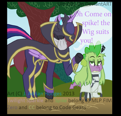 Size: 827x792 | Tagged: safe, spike, twilight sparkle, alicorn, pony, g4, c.c., code geass, cosplay, crossover, female, mare, twilight sparkle (alicorn), zero (code geass)