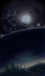 Size: 752x1280 | Tagged: safe, artist:grayma1k, princess luna, alicorn, pony, g4, crescent moon, dark, female, flower, glowing, moon, night, scenery, solo, surreal, tree, watering can