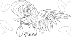 Size: 1280x664 | Tagged: safe, artist:extradan, fluttershy, robot, g4, female, flutterbot, monochrome, solo