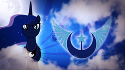 Size: 1920x1080 | Tagged: safe, artist:justaninnocentpony, princess luna, g4, female, logo, mare in the moon, new lunar republic, solo, vector, wallpaper