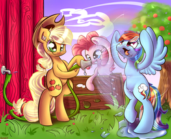 Size: 4915x4000 | Tagged: safe, artist:carligercarl, applejack, pinkie pie, rainbow dash, g4, apple, barn, hose, summer, water