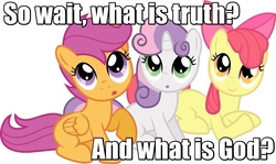 Size: 1156x691 | Tagged: safe, edit, apple bloom, scootaloo, sweetie belle, g4, adventure in the comments, babylon 5, cute, cutie mark crusaders, religious argument, silly fillies, text, vector