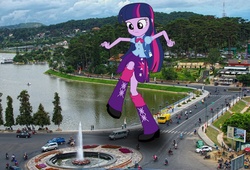 Size: 1001x681 | Tagged: safe, twilight sparkle, equestria girls, g4, equestria girls in real life, frown, giantess, irl, macro, photo, raised leg, scrunchy face, vietnam