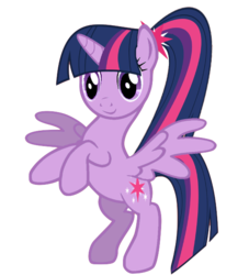 Size: 559x615 | Tagged: safe, artist:winxflorabloomroxy, twilight sparkle, alicorn, pony, g4, alternate hairstyle, female, looking at you, mare, pegasus wings, ponytail, simple background, smiling, solo, spread wings, transparent background, twilight sparkle (alicorn), vector, wings