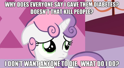 Size: 624x345 | Tagged: safe, edit, edited screencap, screencap, sweetie belle, pony, unicorn, g4, caption, cute, diabetes, diasweetes, female, filly, image macro, naive sweetie belle, naivete of youth, sad, solo