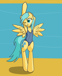 Size: 1280x1558 | Tagged: safe, artist:jade meteor, sunshower raindrops, pony, semi-anthro, g4, arm hooves, bipedal, chest fluff, clothes, female, one-piece swimsuit, school swimsuit, simple background, solo, sukumizu, swimsuit, wink