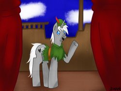 Size: 1024x768 | Tagged: safe, artist:asinglepetal, oc, oc only, oc:charade, pony, unicorn, actor, peter pan, solo, stage, theater