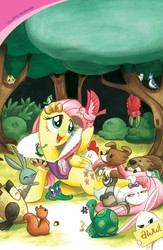 Size: 911x1400 | Tagged: safe, artist:amy mebberson, artist:mimi-na, idw, angel bunny, fluttershy, gummy, opalescence, tank, winona, beaver, bird, cat, chicken, ferret, fruit bat, rabbit, squirrel, g4, micro-series #4, my little pony micro-series, animal, clothes, comic, cosplay, costume, cover, crossover, parody, snow white