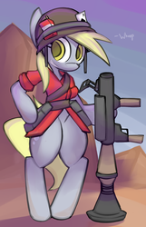 Size: 1364x2114 | Tagged: safe, artist:whoop, derpy hooves, pony, g4, bipedal, bottomless, clothes, female, hat, mountain, partial nudity, rocket launcher, smiling, soldier, soldier (tf2), solo, team fortress 2, underp, weapon