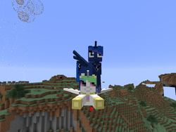 Size: 1280x962 | Tagged: safe, princess celestia, princess luna, alicorn, pony, g4, duo, flying, game screencap, luna riding celestia, minecraft, mod, ponies riding ponies, riding, royal sisters