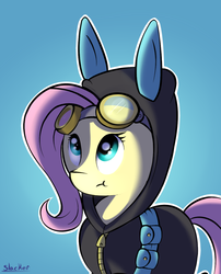 Size: 4112x5088 | Tagged: safe, artist:slackerthehacker, fluttershy, pegasus, pony, g4, :t, absurd resolution, bunny ears, clothes, dangerous mission outfit, female, goggles, hoodie, mare, solo