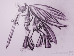 Size: 1200x900 | Tagged: safe, artist:adalbertus, twilight sparkle, alicorn, pony, g4, female, grayscale, mare, monochrome, solo, twilight sparkle (alicorn), weapon