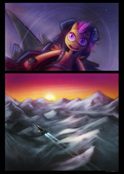 Size: 1000x1400 | Tagged: safe, artist:darkdoomer, scootaloo, pegasus, pony, g4, aircraft, cockpit, flying, jet, jet fighter, military, mountain, pilot, plane, scootaloo can fly
