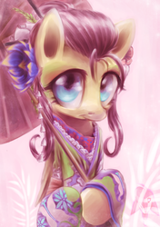 Size: 4169x5906 | Tagged: safe, artist:rouletteobsidian, fluttershy, g4, absurd resolution, clothes, female, kimono (clothing), kimono hime, solo, umbrella, wall smath