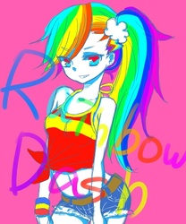 Size: 500x600 | Tagged: safe, artist:yuzuko, rainbow dash, equestria girls, g4, belly button, clothes, daisy dukes, female, front knot midriff, humanized, midriff, pixiv, ponytail, psychedelic, shorts, side ponytail, solo, spaghetti top