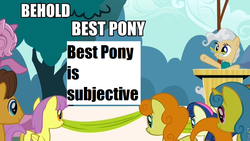 Size: 960x540 | Tagged: safe, edit, edited screencap, screencap, bon bon, caramel, carrot top, golden harvest, lemon hearts, mayor mare, parasol, sweetie drops, g4, the last roundup, behold, best pony, image macro, meme, truth