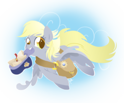 Size: 1296x1080 | Tagged: safe, artist:zoidledoidle, derpy hooves, pegasus, pony, g4, female, flying, hat, letter, mailbag, mailpony, mare, scroll, solo