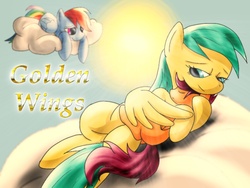 Size: 1024x768 | Tagged: safe, artist:jabbie64, rainbow dash, scootaloo, sunshower raindrops, g4, cloud, scootalove, sleeping, sun