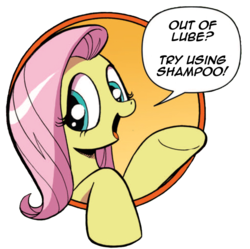 Size: 775x772 | Tagged: safe, idw, fluttershy, friendship is magic #3, g4, my little pony: friendship is magic (idw), bad advice fluttershy, comic, exploitable meme, female, lube, meme, shampoo, solo, this will end in tears