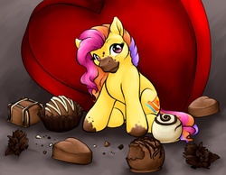 Size: 900x700 | Tagged: safe, artist:clemikou, baby surf star, g3, 2010, cake, chocolate, female, filly, foal, food, messy eating, solo, valentine's chocolate