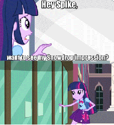 Size: 320x351 | Tagged: safe, edit, edited screencap, screencap, twilight sparkle, oc, oc:snowdrop, equestria girls, equestria girls (movie), animated, blind joke, female, solo, we are going to hell