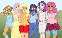 Size: 1024x621 | Tagged: safe, artist:starlinehodge, applejack, fluttershy, pinkie pie, rainbow dash, rarity, twilight sparkle, human, g4, dark skin, humanized, mane six