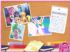 Size: 850x628 | Tagged: safe, applejack, fluttershy, pinkie pie, princess celestia, rainbow dash, rarity, spike, twilight sparkle, g4, mane seven, mane six, text