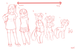 Size: 1280x832 | Tagged: safe, artist:redintravenous, oc, oc only, oc:red ribbon, pony, anthro, semi-anthro, anthro chart, anthro with ponies, apron, bipedal, clothes, freckles, humanized, line-up, ribbon, skirt, socks