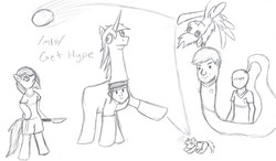Size: 1617x943 | Tagged: safe, derpy hooves, oc, oc:tracy cage, human, pony, g4, 4chan cup, >rape, ball, bipedal, grayscale, jackie chan tulpa, knife, lyra plushie, monochrome, safest hooves, sketch, the burdened, traditional art