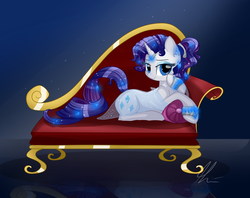 Size: 1024x813 | Tagged: dead source, safe, artist:lolepopenon, rarity, pony, unicorn, g4, alternate hairstyle, clothes, fainting couch, female, gem, looking at you, see-through, solo