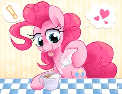 Size: 2400x1843 | Tagged: safe, artist:steffy-beff, pinkie pie, g4, cute, diapinkes, exclamation point, female, food, heart, hoof hold, pictogram, solo, speech bubble, sugar (food), sugarcube, tea, teacup, thought bubble, tongue out