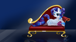 Size: 2560x1440 | Tagged: safe, artist:lolepopenon, rarity, pony, unicorn, g4, alternate hairstyle, fainting couch, female, gem, solo, wallpaper