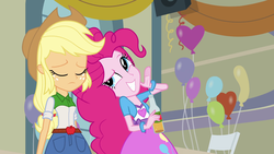 Size: 1920x1080 | Tagged: safe, screencap, applejack, pinkie pie, equestria girls, g4, apple cider, balloon, bracelet, cider, clothes, heart balloon, jewelry, skirt