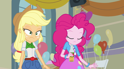 Size: 1920x1080 | Tagged: safe, screencap, applejack, pinkie pie, equestria girls, g4, apple cider, balloon, bracelet, cider, clothes, jewelry, skirt