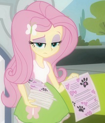 Size: 914x1062 | Tagged: safe, screencap, fluttershy, equestria girls, g4, apathy, female, looking at you, solo, unamused, working