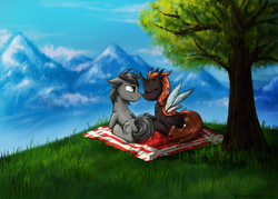 Size: 900x645 | Tagged: safe, artist:moonlightfl, oc, oc only, changeling, earth pony, pony, cloud, cloudy, hill, mountain, orange changeling, tree