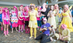 Size: 1280x767 | Tagged: safe, fluttershy, pinkie pie, human, bronycon, bronycon 2013, g4, cosplay, irl, irl human, photo