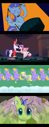 Size: 632x1620 | Tagged: safe, artist:sycotex-b, cloud kicker, derpy hooves, fluttershy, lyra heartstrings, princess cadance, shining armor, butterfly, pegasus, pony, g4, carnival of the animals, disney, disney style, drums, fantasia, fantasia 2000, female, firebird suite, hand, letterboxing, mare, musical instrument, parody, rhapsody in blue, spring sprite, style emulation, the steadfast tin soldier