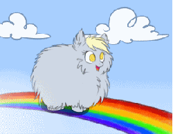 Size: 300x233 | Tagged: safe, artist:ghst-qn, derpy hooves, oc, oc:fluffle puff, fluffy pony, pegasus, pony, pink fluffy unicorns dancing on rainbows, g4, animated, cute, derpabetes, female, flufflebetes, fluffyderpy, fusion, mare, ocbetes, open mouth, rainbow, smiling, solo