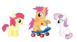 Size: 1500x816 | Tagged: safe, artist:sycotei-b, artist:sycotex-b, apple bloom, scootaloo, sweetie belle, g4, applebuck, cutie mark crusaders, rule 63, scooteroll, silver bell