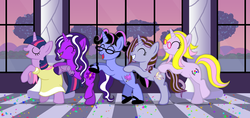 Size: 3400x1600 | Tagged: safe, artist:beckiergb, twilight sparkle, oc, oc:pixel coder, oc:pixelkitties, oc:purple tinker, oc:violet dream, pony, unicorn, g4, bipedal, birthday dress, butt touch, clothes, conga, dancing, dress, female, glasses, hoof on butt, mare, shoes, shoes only