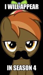 Size: 347x600 | Tagged: safe, button mash, earth pony, pony, g4, season 4, black background, button 'stache, colt, foal, hat, looking at you, male, meme, moustache, propeller hat, simple background, smiling, solo, text