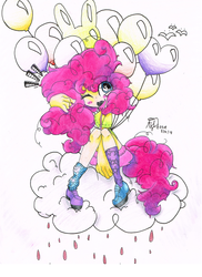 Size: 711x979 | Tagged: dead source, safe, artist:ados-e, pinkie pie, human, g4, balloon, cloud, female, humanized, solo, tailed humanization, traditional art