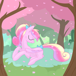 Size: 750x750 | Tagged: safe, artist:meekcheep, princess cadance, pegasus, pony, g4, beautiful, bow, cherry blossoms, cherry orchard, cherry tree, female, flower, flower blossom, pegasus cadance, ponytail, smiling, solo, sparkles, tail bow, tree