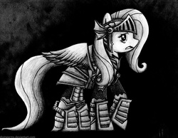 Size: 1612x1252 | Tagged: safe, artist:divinearms, fluttershy, g4, armor, female, monochrome, solo, traditional art