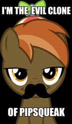 Size: 347x600 | Tagged: safe, button mash, pipsqueak, earth pony, pony, g4, :i, black background, button 'stache, colt, evil, foal, hat, image macro, looking at you, male, meme, propeller hat, simple background, smiling, smirk, solo, text