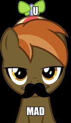 Size: 347x600 | Tagged: safe, button mash, earth pony, pony, g4, black background, button 'stache, colt, foal, hat, image macro, looking at you, male, meme, moustache, propeller hat, simple background, smiling, solo, u mad
